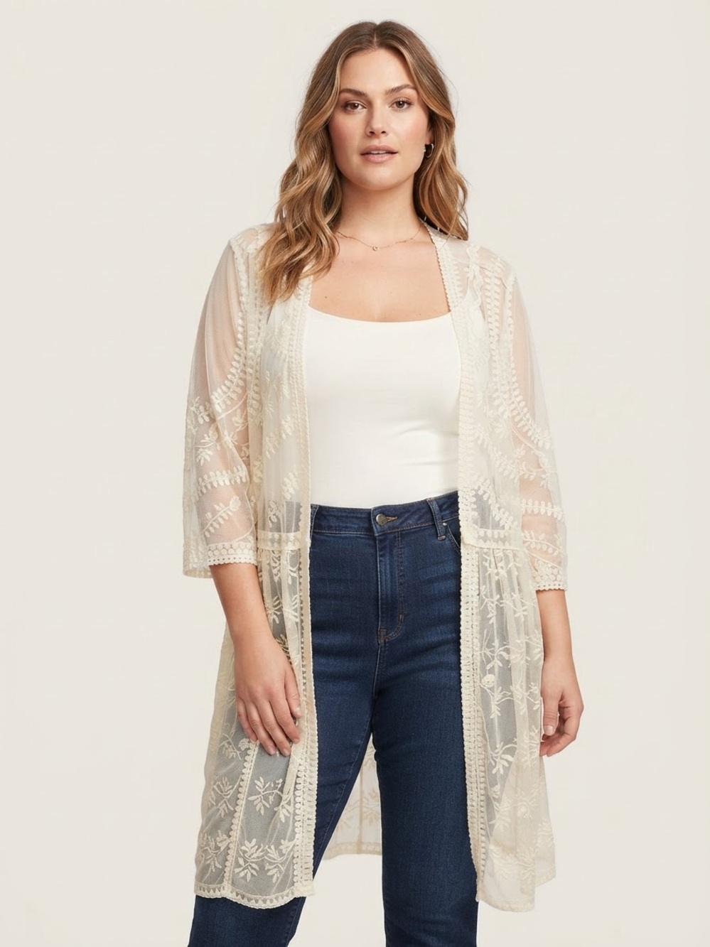 Lane Bryant Ivory Sheer Embroidered Lace Kimono Cover-Up